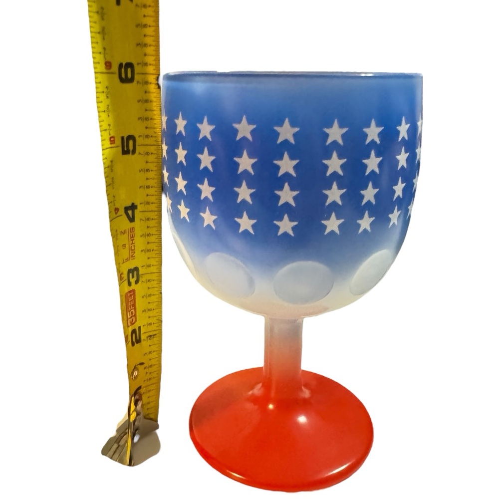 Vintage Pair of Blue & Red Thumbprint Goblets | Stars Patriotic Pressed Glass 6" - Picture 2 of 16